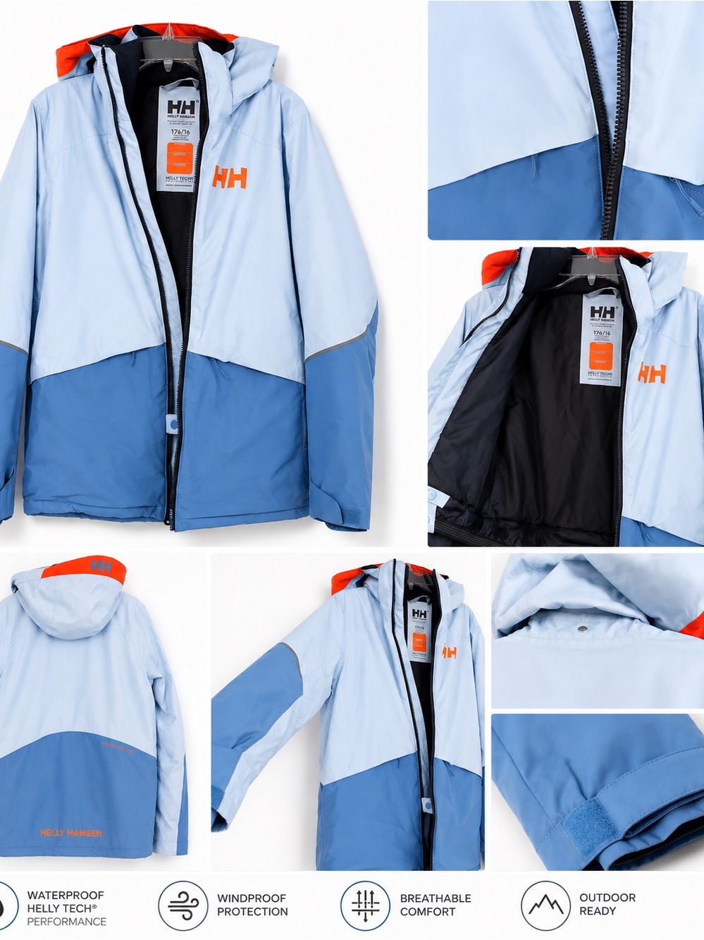 Used Helly Hansen Light Blue & Blue Kids Waterproof Hooded Coat with Orange 16